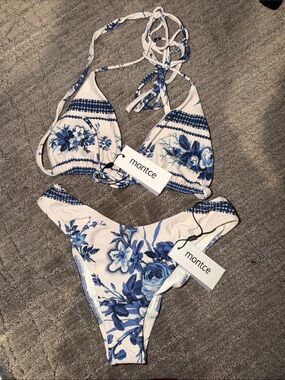 Montce White and Blue Floral Triangle Bikini Set